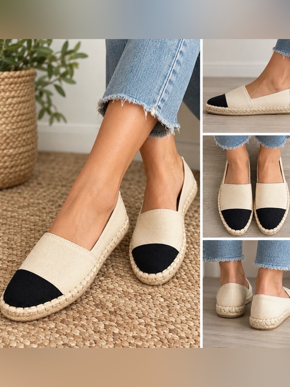 a new day Beige Canvas Espadrilles with Black Cap Toe size 6 NWOT